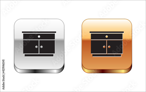 Black Furniture nightstand icon isolated on white background. Silver and gold square buttons. Vector