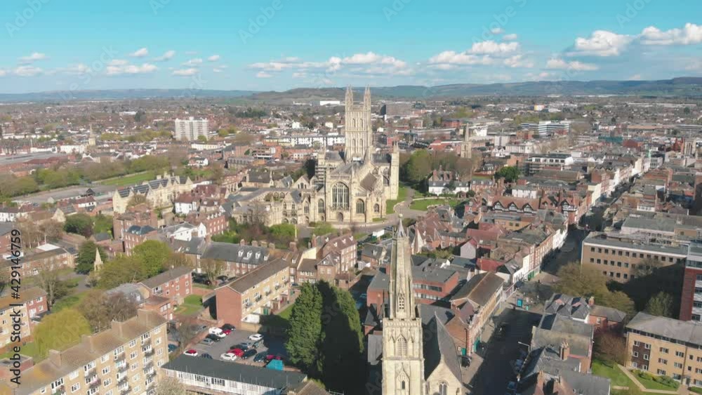 Aerial drone shot of Gloucester Cathedral and city, England Aerial drone shot of Gloucester Cathedral and city, England