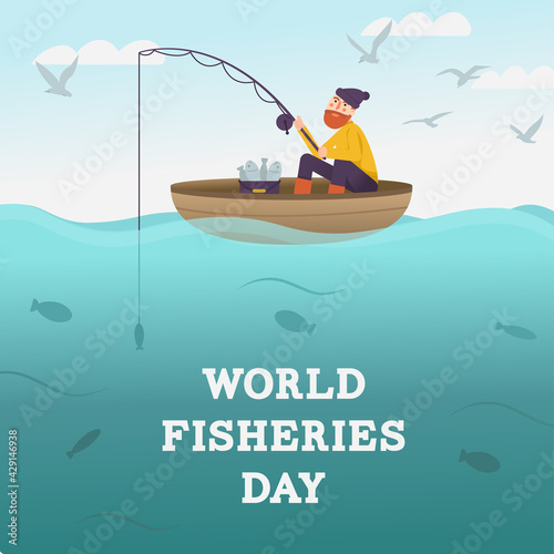 World Fisheries Day. Fisherman with fishing rod on boat at the sea. Fisher catching fish. Fishes underwater and seagull in sky. Card or poster with cartoon character. Vector flat banner.