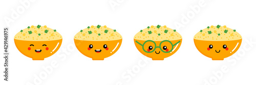 Set, collection of cute and smiling cartoon style bowl of hummus characters, traditional Middle East spread made of chickpeas and tahini. 