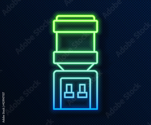 Glowing neon line Water cooler for office and home icon isolated on blue background. Water dispenser. Bottle office, plastic and liquid. Vector