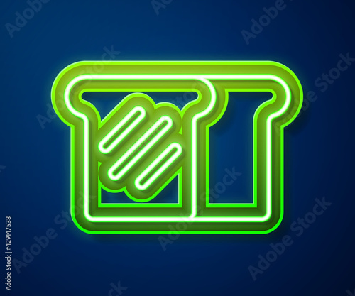 Glowing neon line Bread toast for sandwich piece of roasted crouton icon isolated on blue background. Lunch, dinner, breakfast snack. Vector