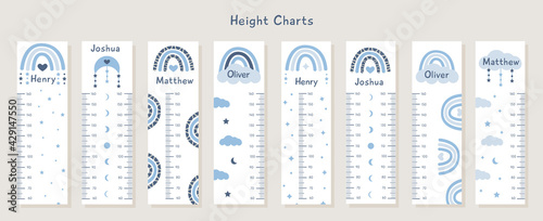 Big Vector Set of kids height charts with abstract boho rainbows and clouds in pastel blue colors. Meter wall with trendy design. Children growth chart. Bohemian elements for nursery with boy names.