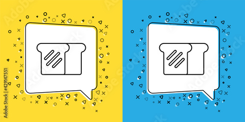 Set line Bread toast for sandwich piece of roasted crouton icon isolated on yellow and blue background. Lunch, dinner, breakfast snack. Vector