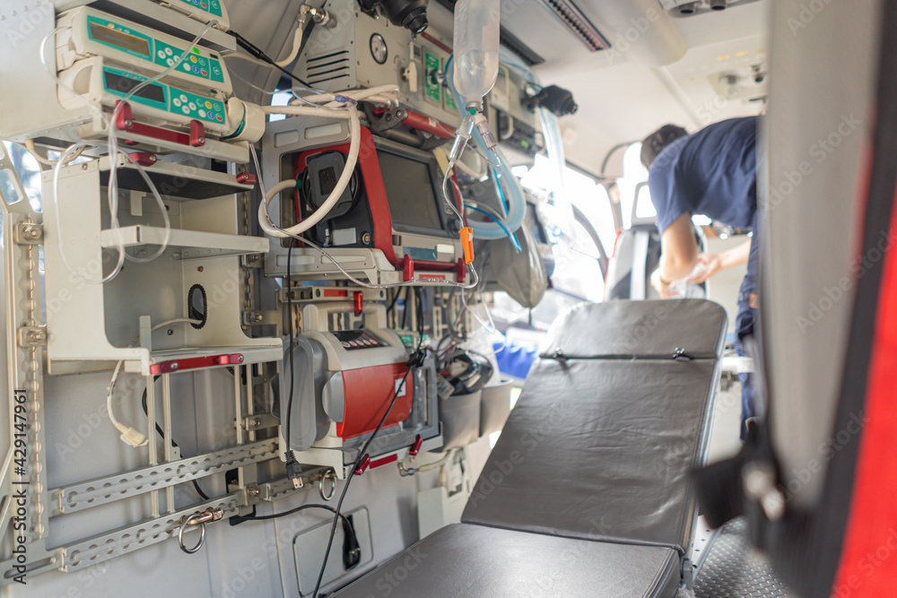 A medical device installed inside a medical helicopter. Used for