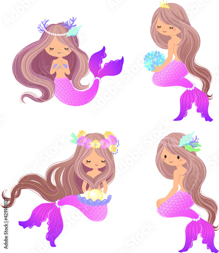 Different actions of a mermaid, a set of four illustrations, praying, holding flowers, sitting