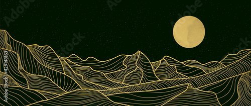 landscape wallpaper design with Golden mountain line arts, luxury background design for cover, invitation background, packaging design, fabric, and print. Vector illustration.