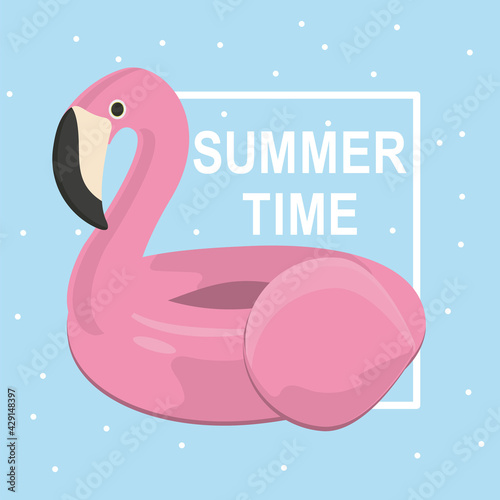 Inflatable swimming circle-flamingo for relaxing in the sea or pool. Frame with text, postcard with summer design.EPS 10.
