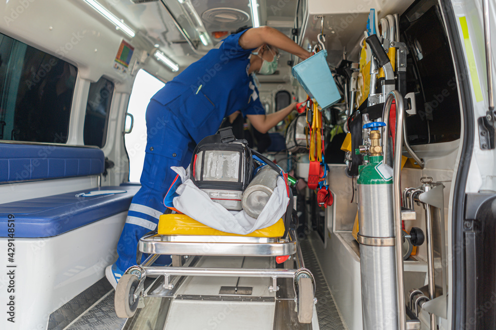 Life-saving and ambulance equipment inside the ambulance Life-saving and ambulance equipment inside the ambulance