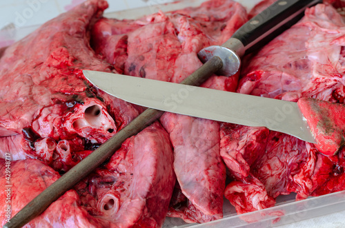 Food, ingredients. Raw beef lungs, knife and hand sharpener.