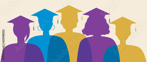 Fotografering Silhouette of graduates isolated, flat stock illustration with young graduates i