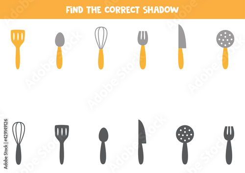 Find correct shadow of kitchen cutlery. Game for children.