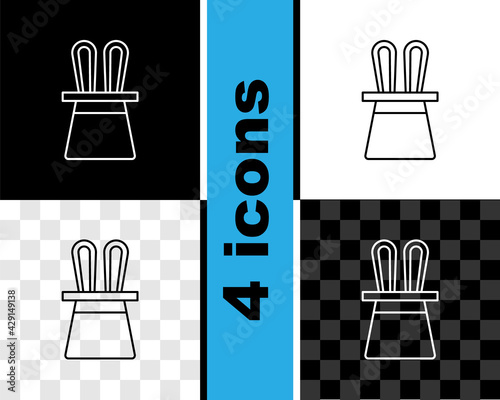Set line Magician hat and rabbit ears icon isolated on black and white, transparent background. Magic trick. Mystery entertainment concept. Vector