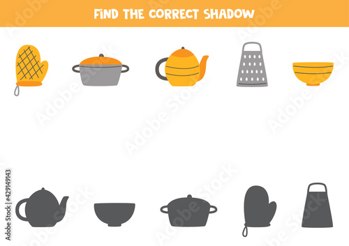 Find correct shadow of kitchen utensils. Game for children.