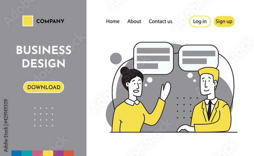 Specialist consultation. Help, support. Interviews, training, coaching. Modern presentation slide landing page website design, template. Business teamwork concept illustrations. Flat outline style.