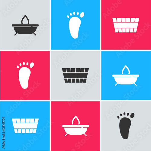 Set Aroma candle, Foot massage and Sauna bucket icon. Vector
