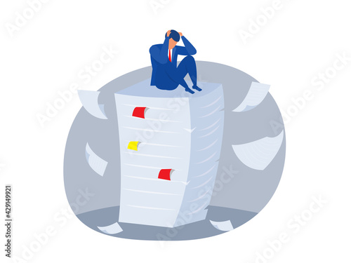 businessman stress,Employee on top of large stack of papers. Business concept paper work and workload. Flat vector illustration