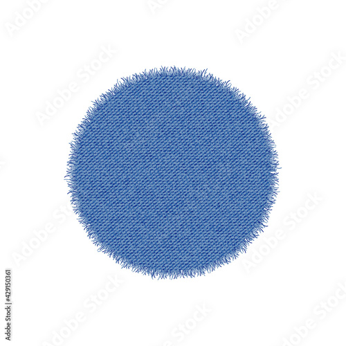 Denim circle shape. Torn jean patch. Vector realistic illustration on white background.