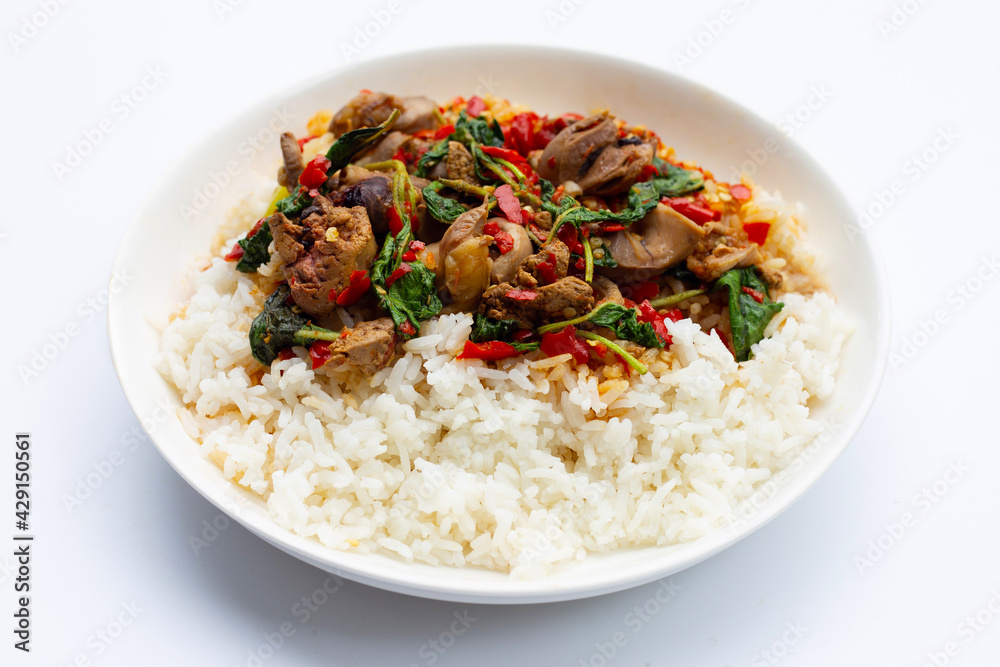 Rice topped with stir fried chicken liver with holy basil Rice topped with stir fried chicken liver with holy basil