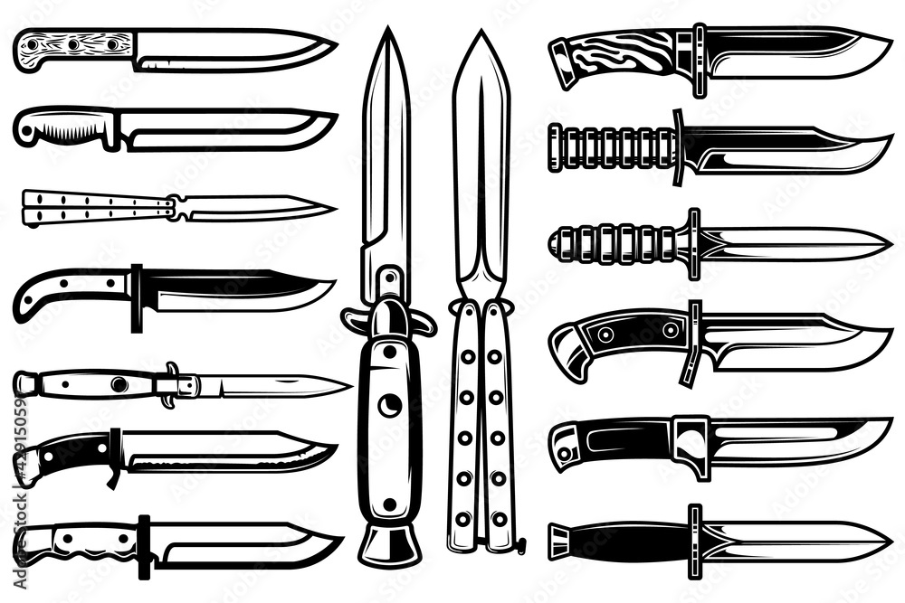 Big set of combat knives in monochrome style. Design element for logo, label, sign, poster. Vector illustration Big set of combat knives in monochrome style. Design element for logo, label, sign, poster. Vector illustration