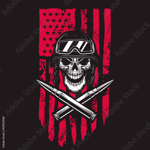 Illustration of soldier skull on american flag background. Design element for poster, card, banner, t shirt. Vector illustration