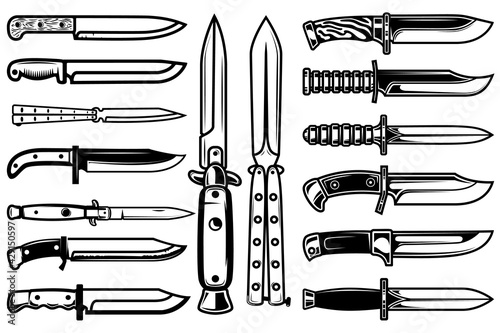 Big set of combat knives in monochrome style. Design element for logo, label, sign, poster. Vector illustration