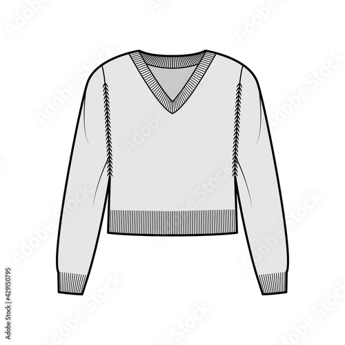 V-neck cropped Sweater technical fashion illustration with long sleeves, relax fit, waist length, knit rib trim. Flat jumper apparel front, grey color style. Women, men unisex CAD mockup