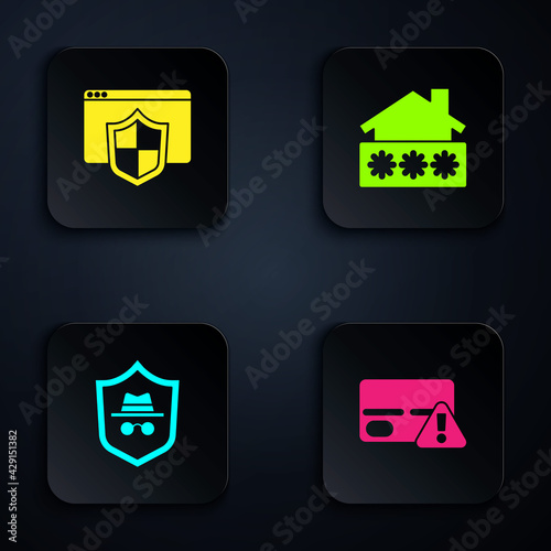 Set Credit card, Browser with shield, Incognito mode and House password. Black square button. Vector