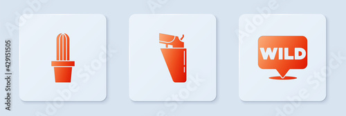 Set Revolver gun in holster, Cactus peyote pot and Pointer to wild west. White square button. Vector