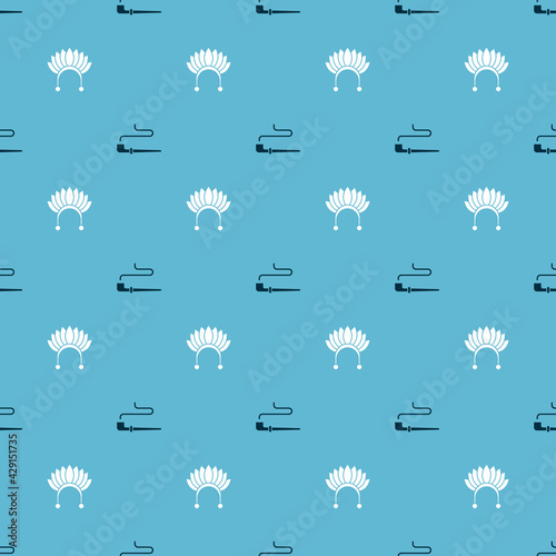 Set Smoking pipe and Indian headdress with feathers on seamless pattern. Vector
