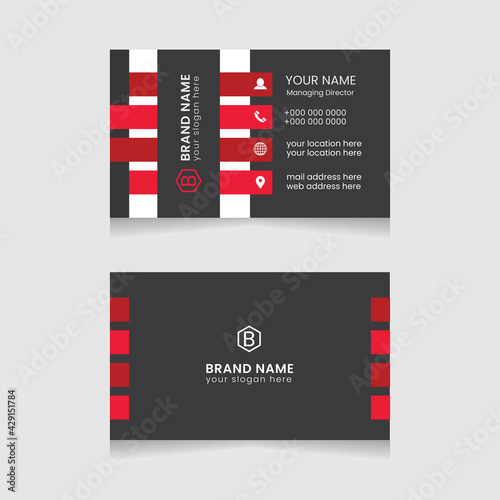 Creative and modern business card design. Flat black and red business card template. Vector modern abstract clean and simple business card template, Stylish stationery design, and visiting card.