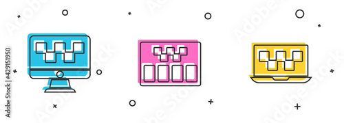 Set Computer call taxi service, Taximeter and Laptop icon. Vector