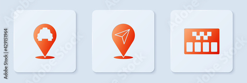 Set Location, with taxi and Taximeter. White square button. Vector