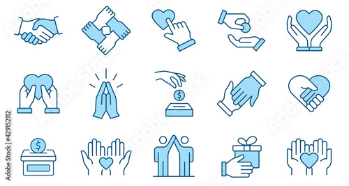 Charity line icon set. Collection of agreement, cooperation, hope and more. Vector illustration. Editable stroke.