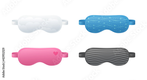 Sleep masks, blindfolds for night rest. Eyes cover for relaxation and slumber in airplane, hotel or home. Vector cartoon set of colored sleeping masks with heart, stars, lines and clouds pattern