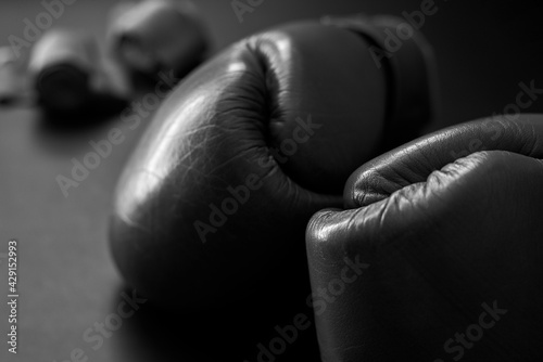 Boxing gloves, close-up, black and white photo.