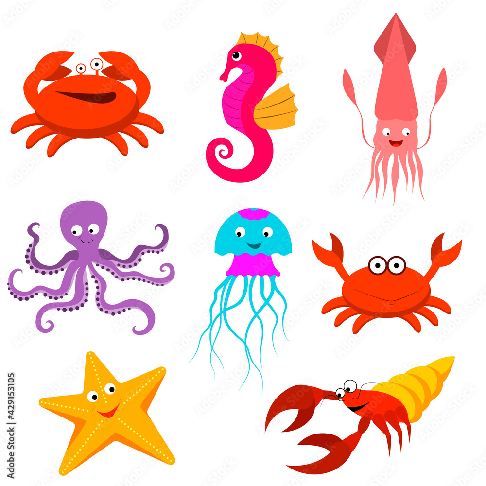 A set of cartoon sea animals. Jellyfish, squid, hermit crab, crab, seahorse, starfish, octopus. vector illustration isolated on a white background A set of cartoon sea animals. Jellyfish, squid, hermit crab, crab, seahorse, starfish, octopus. vector illustration isolated on a white background