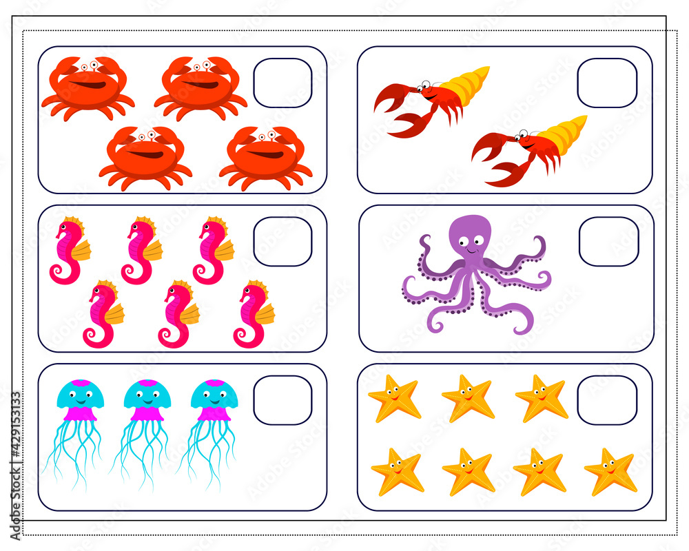 Naklejka premium Math game for kids count how many of them there are. crab, crayfish, octopus, seahorse, starfish. Vector illustration isolated on a white background