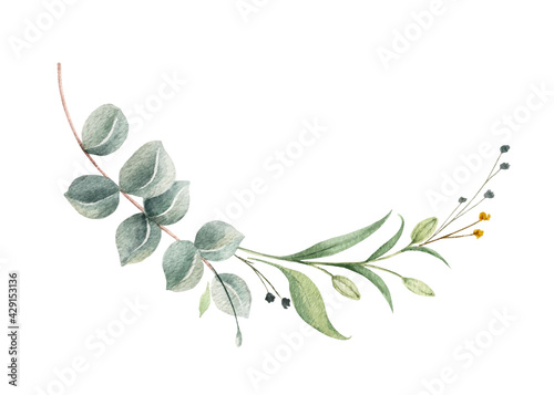 Watercolor vector wreath of green eucalyptus branches and leaves.