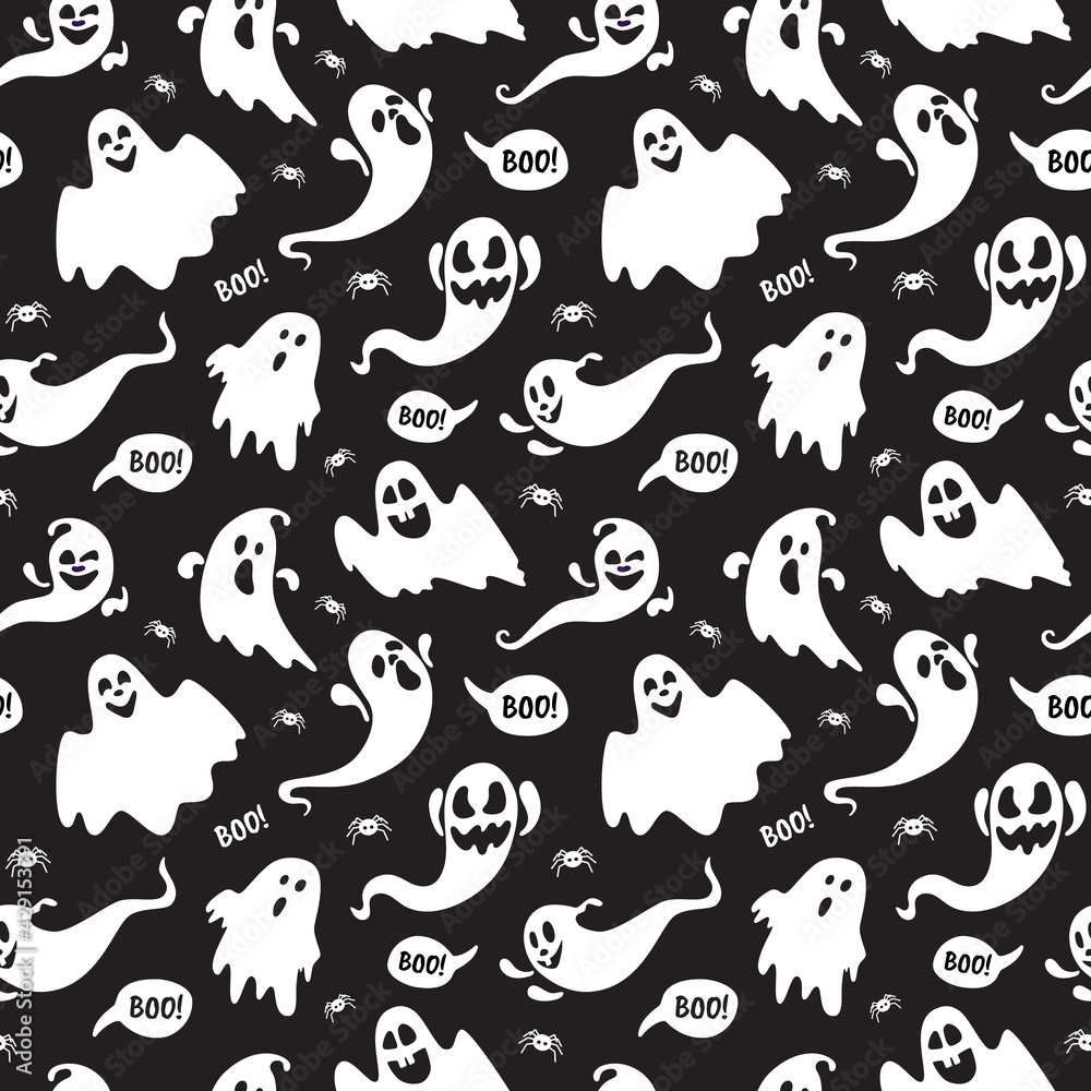 Cute ghost boo holiday character seamless pattern flat style design vector illustration set isolated on dark background. Halloween haunted boo spooky symbol flying above the ground.