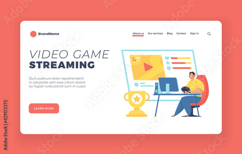Video game landing page website banner template. E-sport gamer streaming online game walkthrough. Male cartoon character holding game controller and playing on modern pc sitting in chair