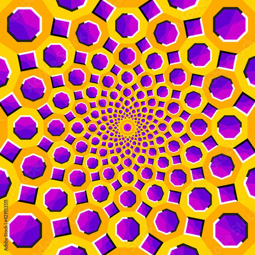 Yellow and purple background with octagons and squares. Spin illusion.