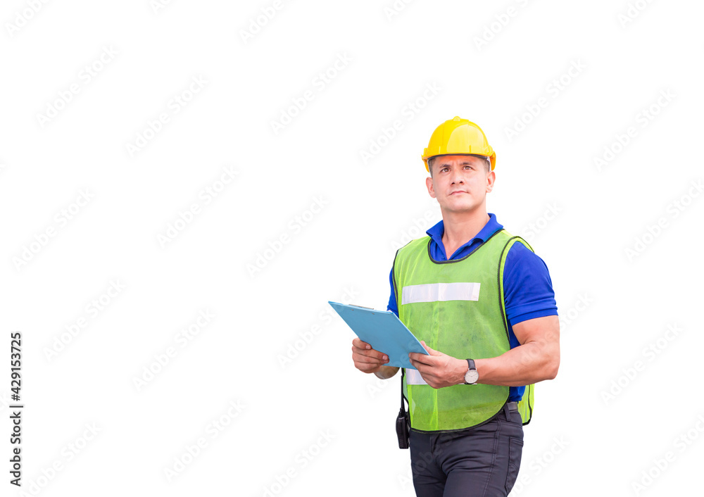 Factory worker with clipping path on white background, Engineer man in hardhat holding clipboard checklist smiling and looking to the sky