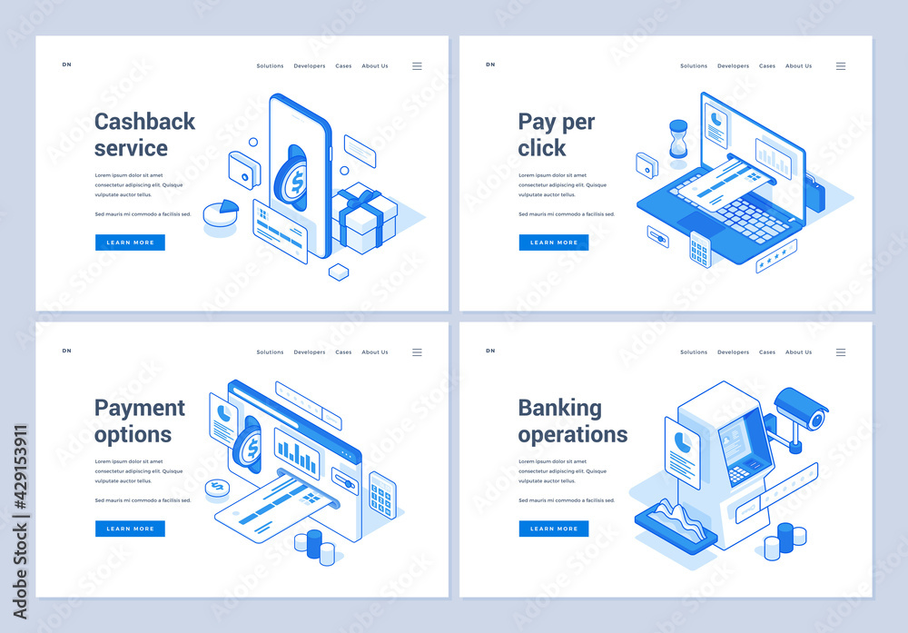 Set of blue and white vector illustrations of web banners representing various convenient online operations with money in modern world. 3D isometric web banners, landing page templates
