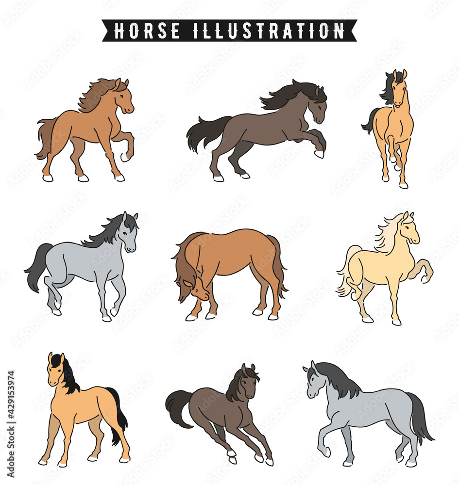 手描き風の馬のイラストセット