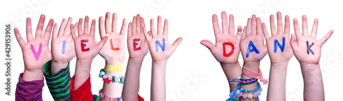 Tableau sur toile Children Hands Building Vielen Dank Means Thank You, Isolated Background