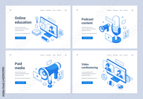 Set of blue and white vector illustrations of web banners advertising assorted paid media and contemporary services in global Internet. 3D isometric web banners, landing page templates