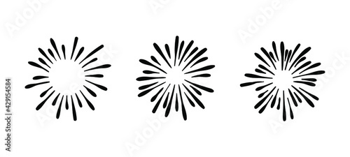 Vector Collection of Hand Drawn Retro Firework Drawings, Black and White Illustration, Doodles - Isolated, Ink Splashes.
