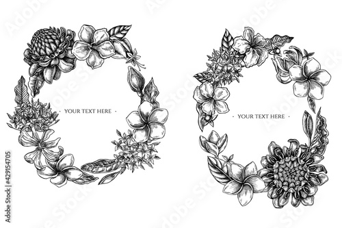 Floral Wreath of black and white plumeria, allamanda, clerodendrum, champak, etlingera, ixora