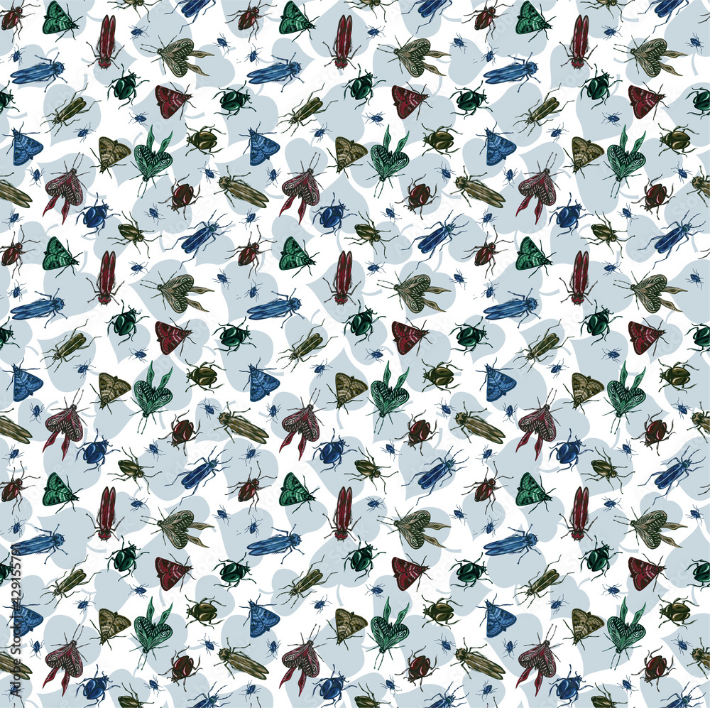 Seamless pattern of beetles, butterflies and moths drawn in gouache. Trending botanical background with various insects. Wild animals in pattern for textiles and typography Seamless pattern of beetles, butterflies and moths drawn in gouache. Trending botanical background with various insects. Wild animals in pattern for textiles and typography